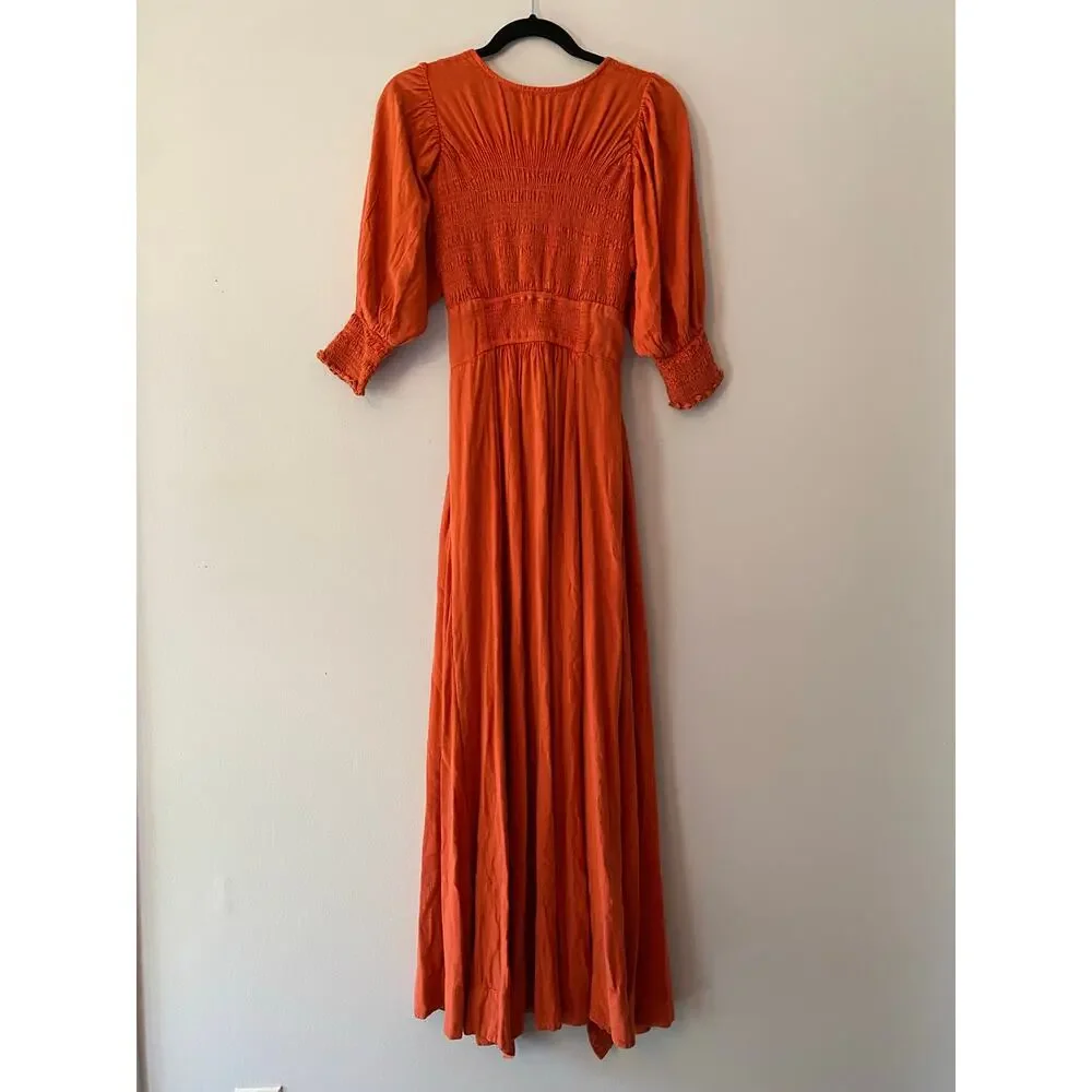 Free People Red Orange String of Hearts Button Down Puff Sleeve Maxi Dress Small